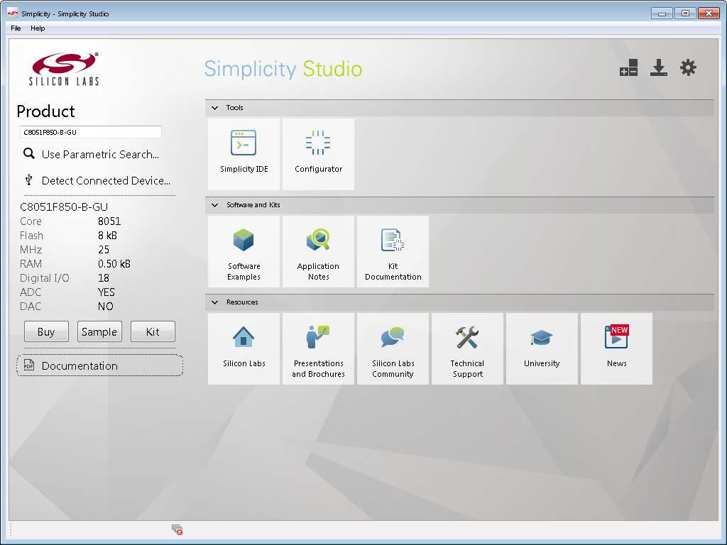4. Software Setup Simplicity Studio greatly reduces development time and complexity with Silicon Labs EFM32 and 8051 MCU products by providing a high-powered IDE, tools for hardware configuration,