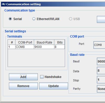 8. Set up a connection to a terminal/scale 8.2 Connection with RS232 (serial) To define a new connection you have to enter the menu: (Settings / Com Settings). The following window comes up.