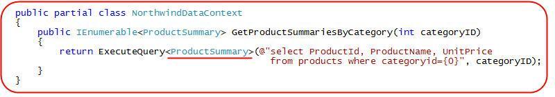 Ví dụ, bạn có thể định nghĩa một lớp ProductSummary mới chứa các thuộc tính là tập con của Product như dưới đây (chú ý là chúng ta dùng đặc tính Automatic Properties mới có trong C#): Chúng ta có thể