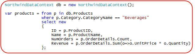 Lấy ví dụ, câu truy vấn dưới đây lấy về ID và Name từ thực thể Product, tổng số đơn hàng đã được đặt cho sản phẩm đó,
