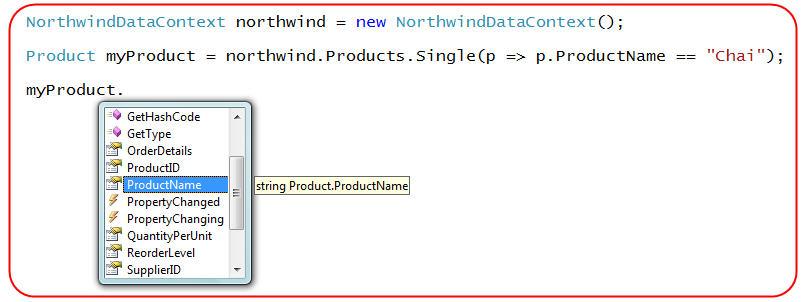 Ví dụ, chúng ta có thể viết biểu thức LINQ như dưới đây để lấy về một đối tượng Product đơn bằng cách tìm dựa trên tên sản phẩm: Tôi cũng có thể viết thêm một câu truy vấn LINQ dưới đây để lấy về tất