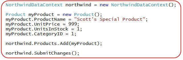 Khi tôi gọi northwind.submitchanges() như trên, LINQ to SQL sẽ tính toán và thực thi một tập thích hợp các phát biểu UPDATE để cập nhật các sản phẩm có thuộc tính ReorderLevel đã bị thay đổi.