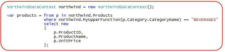 Ví dụ, hãy xem các hàm UDF đơn giản có tên MyUpperFunction sau đây: Chúng ta có thể kéo và thả nó từ cửa sổ Server Explorer lên cửa sổ LINQ to SQL Designer để thêm nó vào lớp DataContext như một