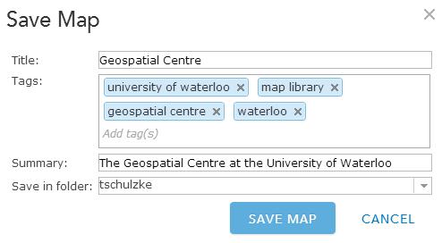 The Save button lets you save the map as you add features to it. Share pops up a dialog box giving various options for distributing your map.