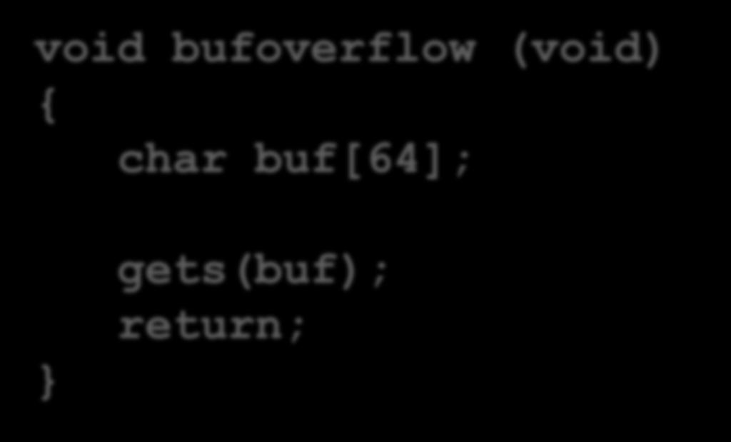 common source of bugs M3: Stack Buffer Overflows void bufoverflow (void) { char buf[64]; } gets(buf); return;