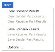 PART 2 Graphical User Interface 2.2.5 Trace menu The items of this menu are enabled in the Exec Mode. The Options item is always enabled. 2.2.5.1 Trace/Clear Scenario Results This command clear the results of the execution in the Execution Results zone for the Sender Part and the Receiver Part.
