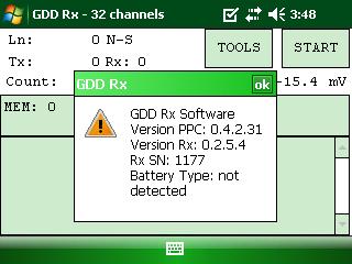 Battery type selector The battery type of the GRx8-32 receiver will be detected by the GDD Rx program if your GRx8-32 receiver has firmware version 2.5.8 (or newer versions).