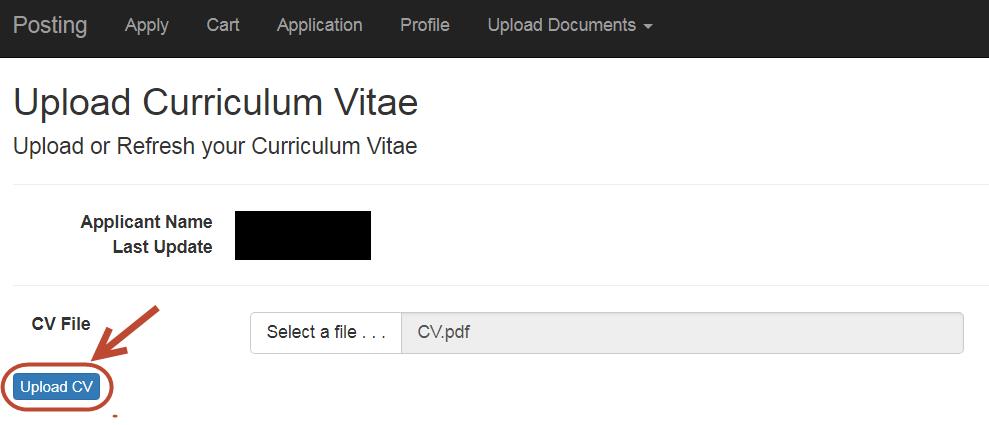 On the Upload Curriculum Vitae webpage, click on SELECT A FILE. 7.