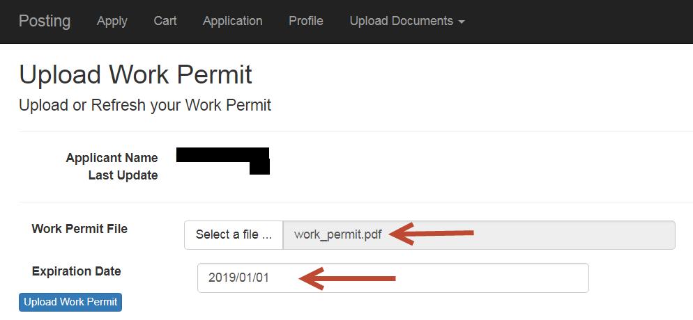 Select your work permit file from your computer which must be