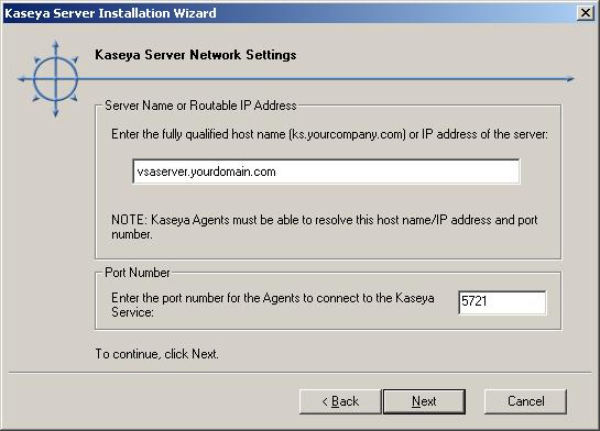 Installing a New K2 Kaseya Server Best Practices: Although a public IP address may be used, Kaseya recommends using a domain name server (DNS) name for the KServer.