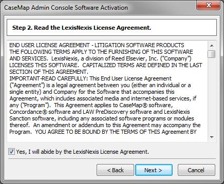 42 CaseMap Server 24. Click Next to continue. 25. In the How do you want to activate this product dialog box, select the activation option you want to use.