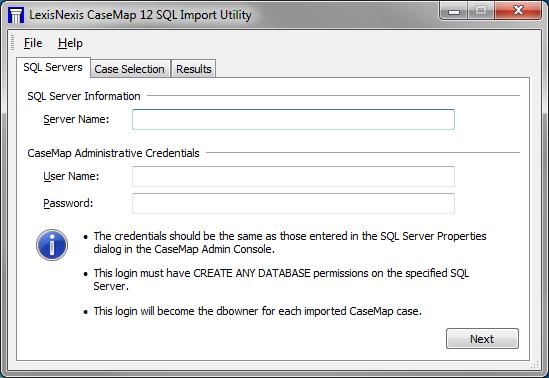 50 CaseMap Server When you are ready to migrate existing cases to the CaseMap Server, the LexisNexis CaseMap SQL Import Utility dialog box displays. See About migrating cases.
