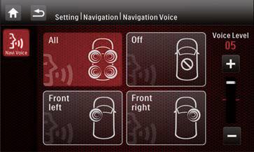 [Off]: Mute the navigation voice. [Voice Level]: Tap +/- to adjust the volume of navigation voice.