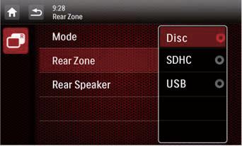 4 Tap to select an available source to start play. 5 Tap [Rear Speaker] to enable or disable the audio output to rear speakers. [On]: Enable the audio output to rear speakers.