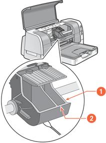 5. Wipe the underside of the print cartridge cradle walls using clean, moistened cotton swabs. Repeat this process until no ink residue appears on a clean swab. 1. print cartridge cradle 2.