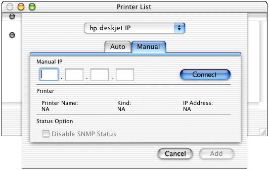 6. Click the Manual tab. 7. Enter the printer's IP address, then click the Connect button.
