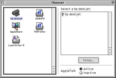 setting up the printer Follow these steps to set up the printer: 1. Select Chooser from the Apple menu. 2. Click the HP printer icon in the left side of the Chooser dialog box. 3.
