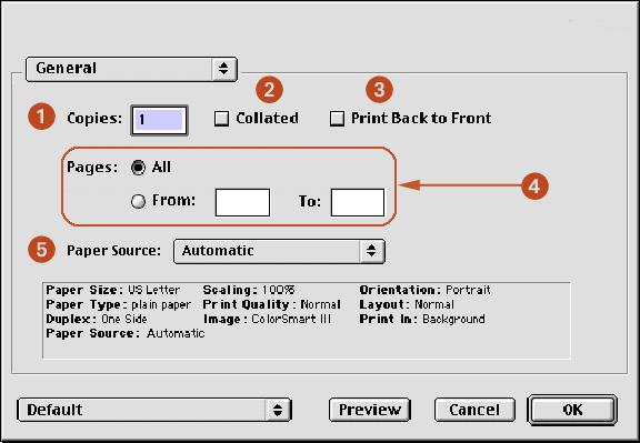 general Use the General panel for these functions: 1. Copies: Enter the number of copies to be printed. 2. Collate: Select to collate if printing multiple copies. 3.
