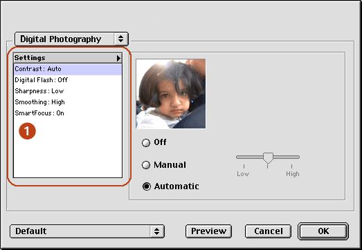 Mac OS 8.6, 9.04+, and Mac OS X Classic accessing the digital photography options 1. Open the Print dialog box. 2. Select the Digital Photography panel.