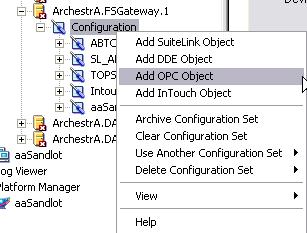 Adding an OPC Server Adding an OPC Server Object to the FSGateway starts off in the same manner as adding a SuiteLink or DAServer object.