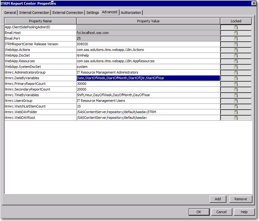 Administrator Tasks Using SAS Management Console 117 4. Right-click ITRM Report Center 3.8 and select Properties. 5. On the Advanced tab, add the user-defined report occurrence to the itrmrc.