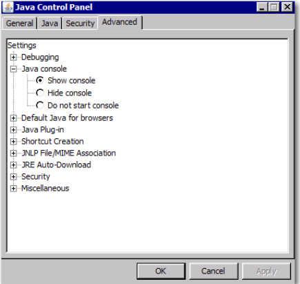 168 Appendix 3 Troubleshooting and Debugging Tips Figure A3.5 Advanced Tab of the Java Control Panel 3. Click Show console.
