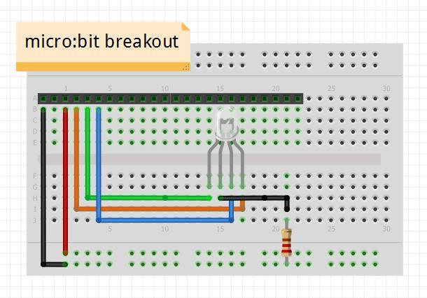 6- RGB LED This project lets you manipulate light, change colors and patterns LEVEL: Intermediate MATERIALS: RGB LED, 150Ω resistor, Microbit breakout, Breadboard, Battery pack, USB cable HARDWARE: