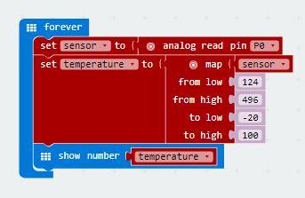 hold sensor value from analog read pin P0 3- Create variable to map temperature from lowest signed sensor input(124) and highest signed sensor