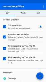 A typical day To help with your rehabilitation, make a habit of wearing your Samsung Gear S3 watch and checking the Samsung HeartWise phone app every day.