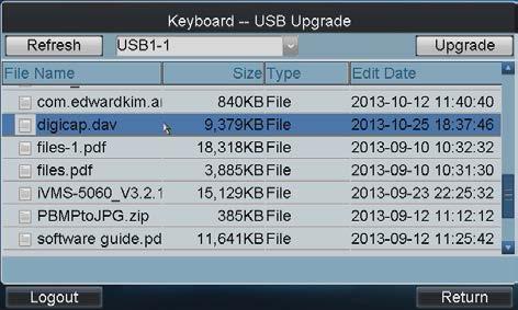 Insert the U flash disk to the USB interface and then click USB Upgrade to enter the USB upgrade interface. 2.