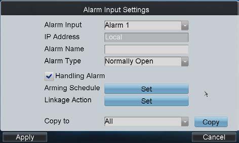 Configuring Alarm Input (1) Click Set beside Alarm Input to enter the Alarm Input Settings interface. (2) Select the alarm input for configuration. (3) Edit the Alarm Name.