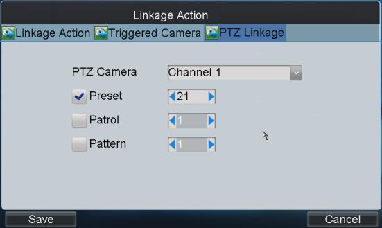 triggered camera and PTZ linkage (calling defined preset / patrol / pattern).