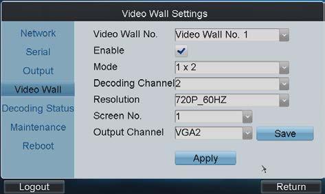 2. Select the video wall No. to configure and enable the video wall display by checking the Enable checkbox. 3.