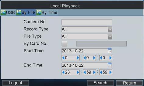 Select the record type and file type. If the encoding device is ATM DVR, you can input the Card No. 4.