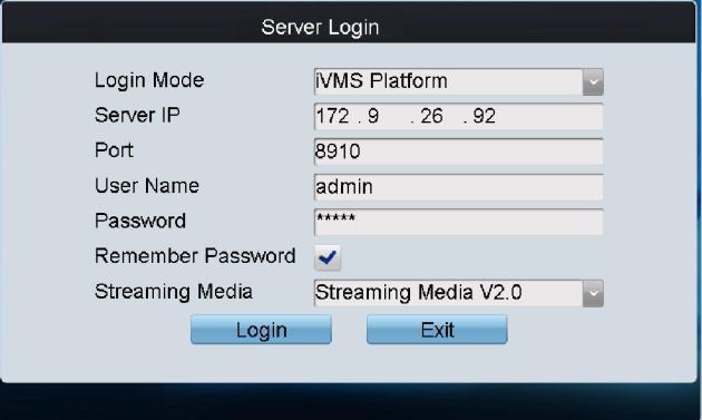 6.3.1 Logging in to the ivms Platform 1. On the Server Login interface, select the Login Mode to ivms Platform. 2. Enter the Server IP, Port, login User Name and Password. 3.
