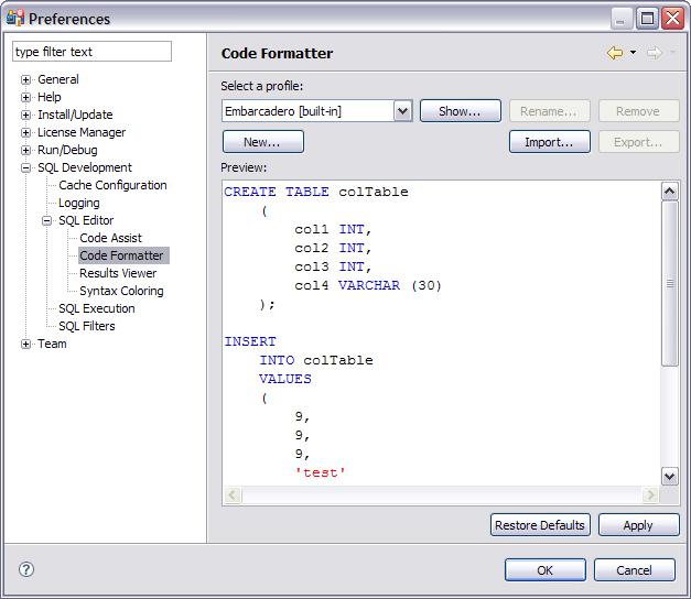 Code formatting parameters can be globally set and then applied to all development work in SQL Editor.