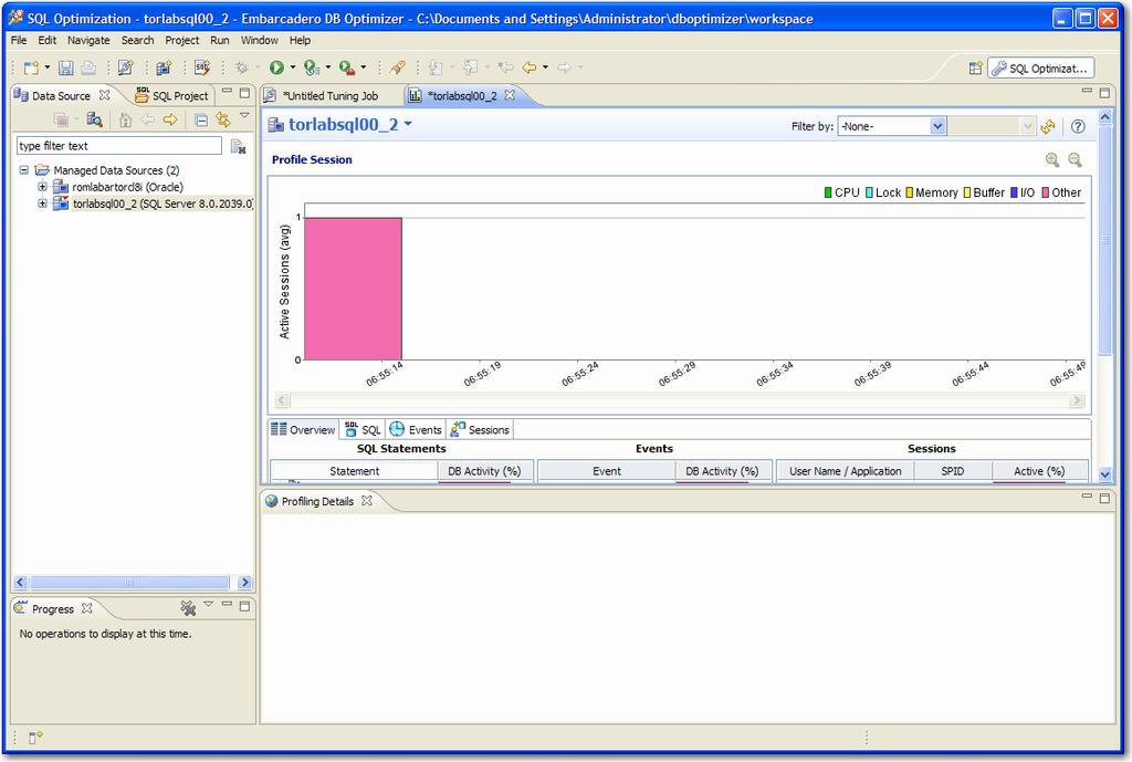 User Interface Overview The DB Optimizer application environment is known as the Workbench. The Workbench provides an interface through which you manage data sources and analyze and tune statements.