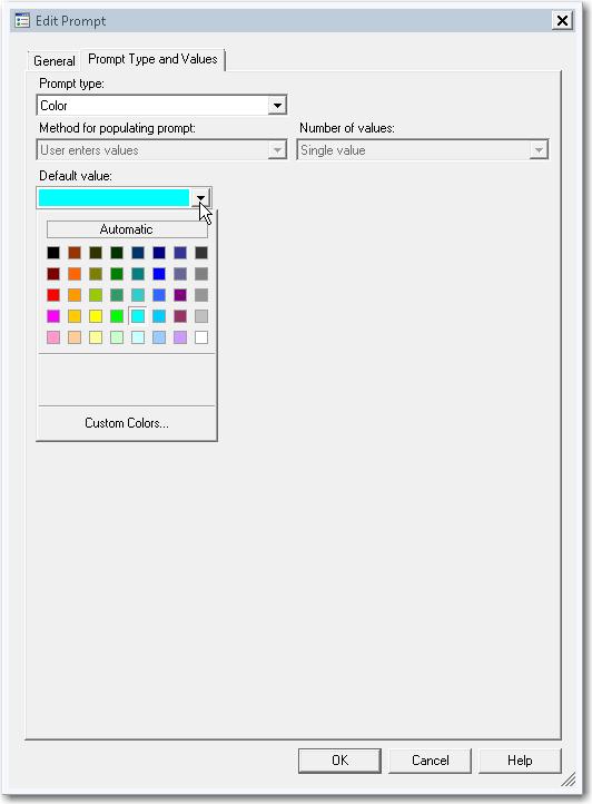 Color SAS Enterprise Guide In this example, a color prompt named Color is defined as shown in the following two displays.