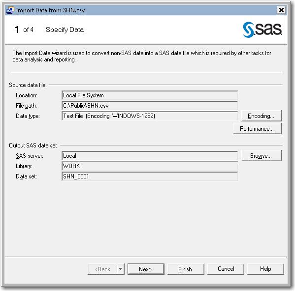 The Specify Data panel of the Import Data wizard: displays the location of the source data file allows you to specify the encoding to use when importing the file allows you to specify the output SAS
