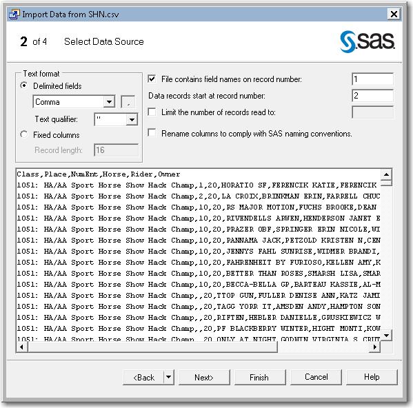 The Select Data Source panel shows data from the file and allows you to specify options, such as the text format, the record number that contains the field names, the record number