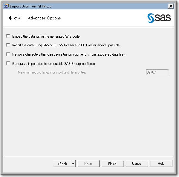 The Advanced Options panel of the Import Data wizard contains these options: Embed the data within the generated SAS code If this option is checked, the Data node for the input data remains in the