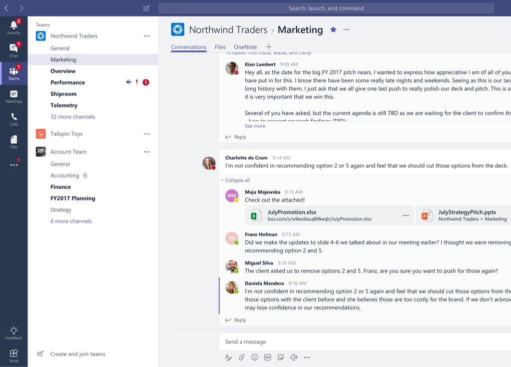 Collaborate with integrated Office 365 apps Quick access to the apps you love and are familiar with Conversations, files and tools in a team workspace Share, and co-author