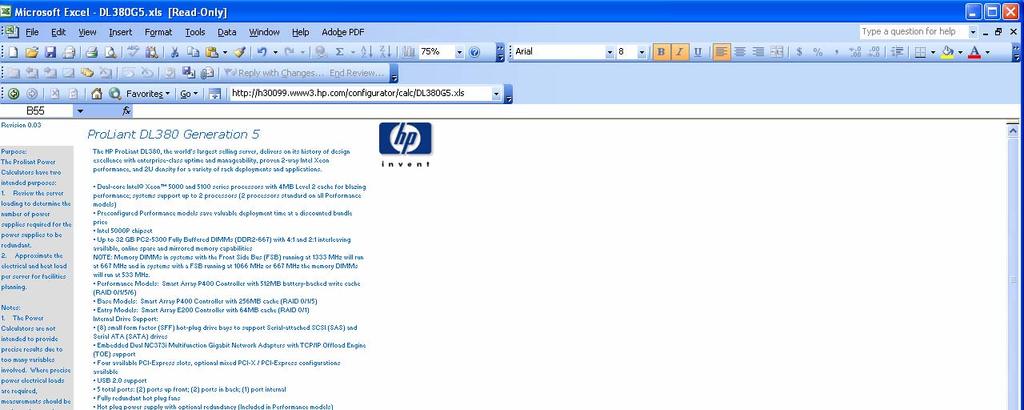 Figure 2 shows a partial screen of the Power Calculator for the HP ProLiant DL360 G5. The upper half of the screen provides an overview of the server model.