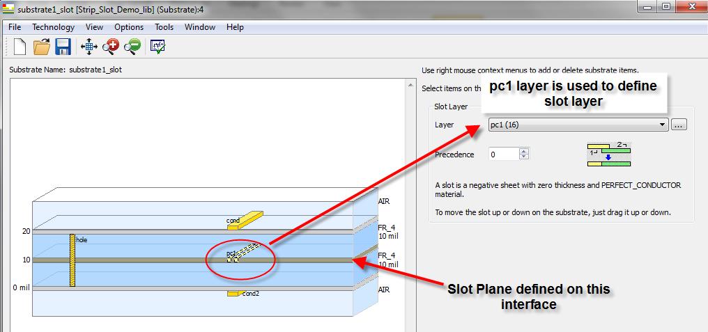 While defining Slot plane, one need to select a drawing layer from the layer list available in the substrate editor window and same has to be mapped on the interface of dielectrics as shown below: