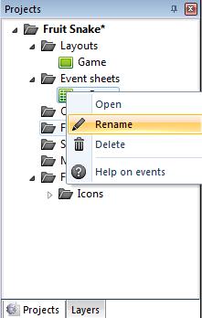 Now that the layout is renamed, you'll want to rename the event sheet also.