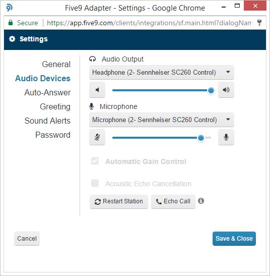 Adjusting Audio Settings Adjust call and microphone volume of the Five9 Plus Adapter for the Salesforce agent interface.