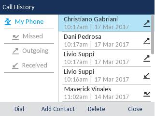 The application displays a list of your missed, outgoing and received calls. You can view, delete and dial out to call history entries as well as copy entries to your application.