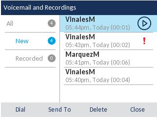 Filters Call Type Indicator Missed Call Received Call Outgoing Call All, New, and Recorded Voicemails Play a Voicemail Urgent Voicemail Copy to Dial Entry Details (Name/Number, Time, Date) Scrollbar