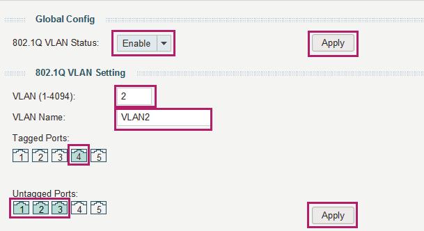 Switching Configuration Example 5.1.3 Configuration Steps 1) Choose the menu VLAN > 802.1Q VLAN to load the following page. Select the 802.