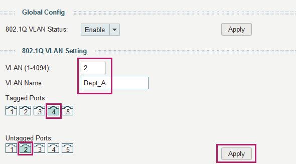 Add port 4 to the VLAN as a tagged port. Add port 2 to the VLAN as an untagged port. Click Apply.
